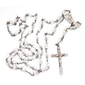 VINTAGE CATHOLIC FACETED CLEAR TEARDROP CRYSTAL ROSARY BEAD SILVER TN NECKLACE